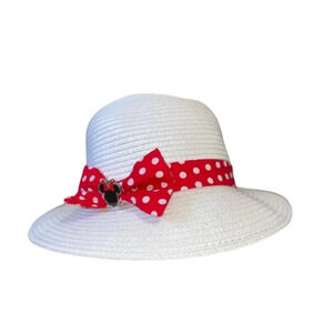 Disney Parks White Bucket Hat Minnie Mouse Red Polka Dot Bow Youth 55 cm